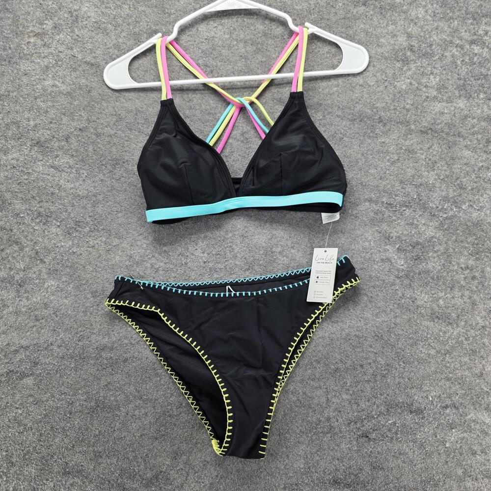 Cupshe Bikini Swimsuit Womens Small Black Neon Trim Bralette High Leg Set